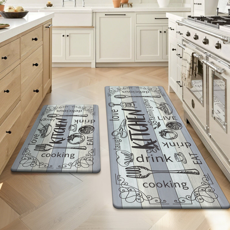 Anti-Fatigue Non-Skid Waterproof Kitchen Mat (Set of 2), Runner 18" x 30" + 18" x 48", Gray/Teal/Beige