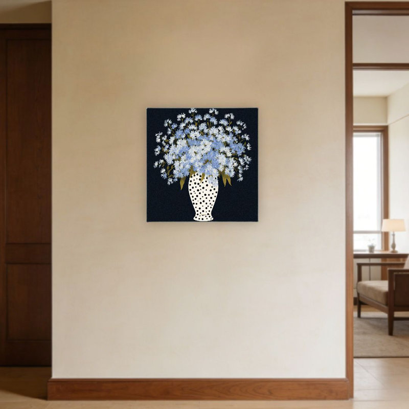 Vase floral à pois bleu et blanc, sans cadre, murale, 16 x 16