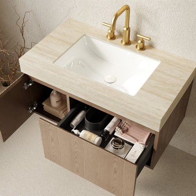 Meuble-lavabo 36 po, armoire en contreplaqué flottant, comptoir en pierre frittée, lavabo en céramique, 3 trous de robinet pré-percés, brun, fermeture en douceur, installation facile, assemblé, beige, rangement à système fermé,