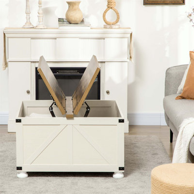 Table basse Farmhouse avec rangement, grande conception carrée pour le salon, durable et élégante avec compartiment caché