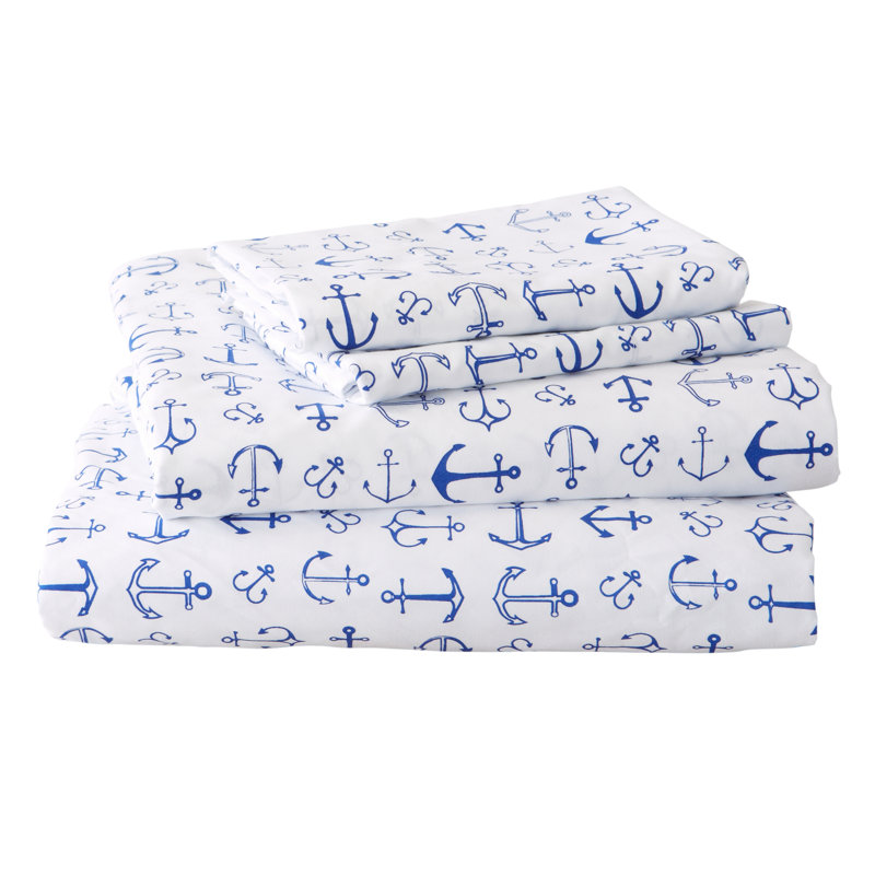 Ultra Soft Coastal Printed Microfiber Sheet Set, Full Sheet Set with Fitted Sheet and 2 Pillowcases, Anchor