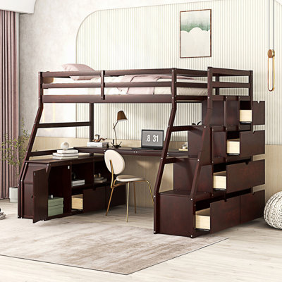 Lit mezzanine simple avec 7 tiroirs, 2 tablettes et un bureau