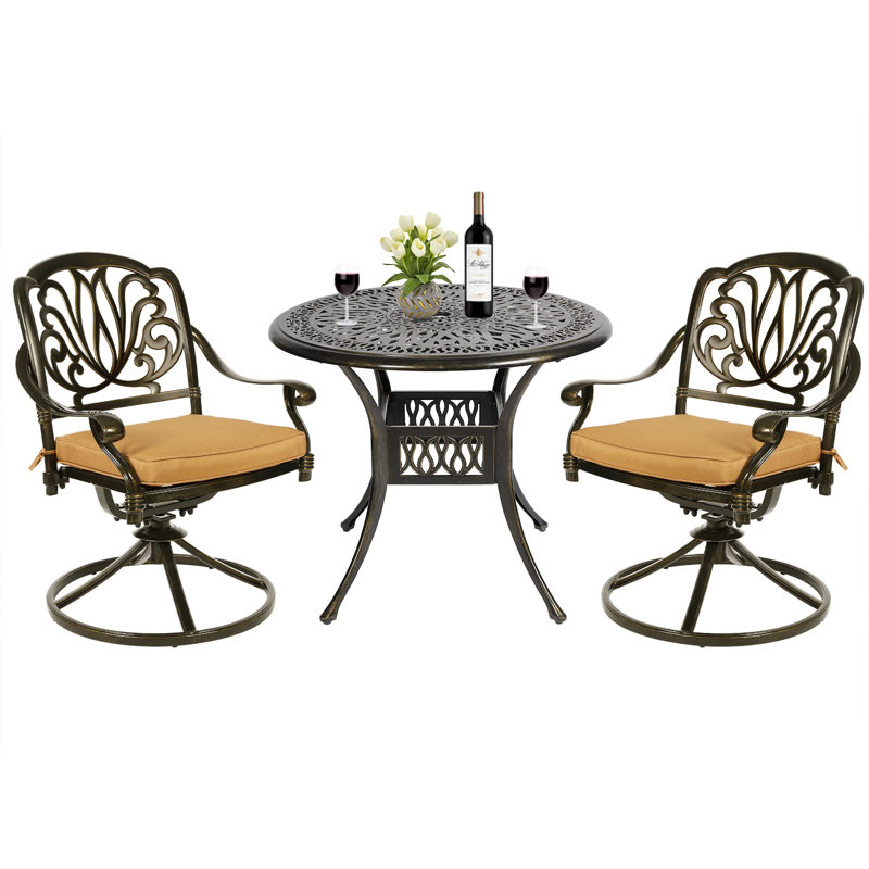 2 - Person Patio Dining Set with Round Table , Cushions Included, Dark Bronze, Khaki