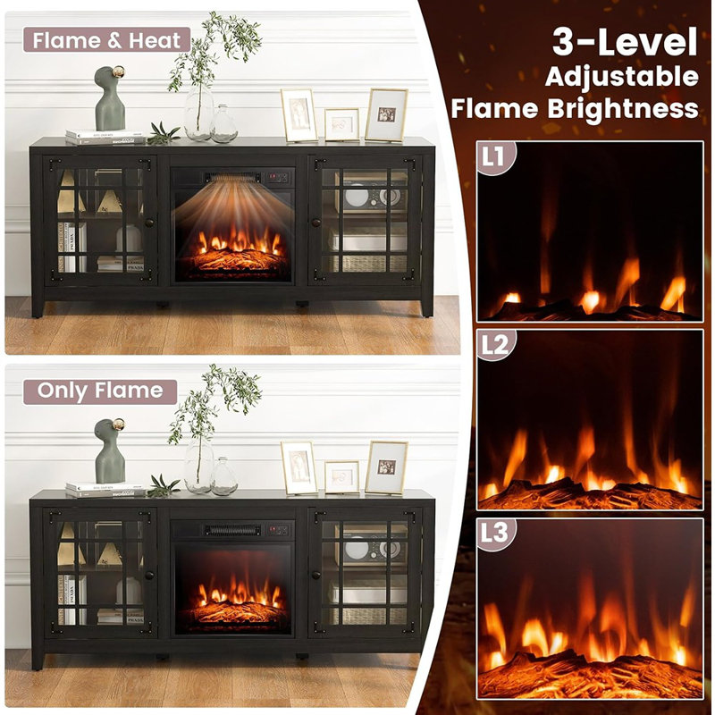 Meuble télé avec foyer électrique, télécommande, tablettes réglables et effets de flamme 3D - Meuble télé avec foyer / bois / moderne