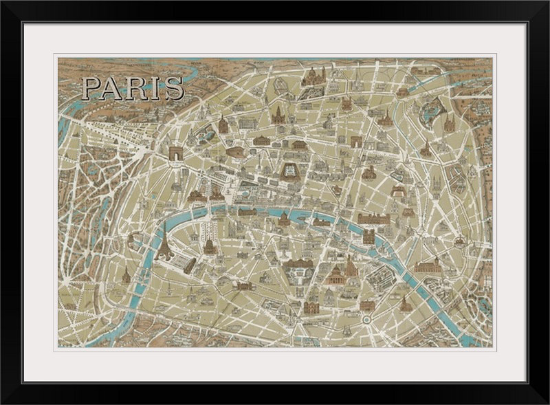 « monuments of paris map-blue », impression, H 20 po x l 26 po x P 1 po, Cadre noir
