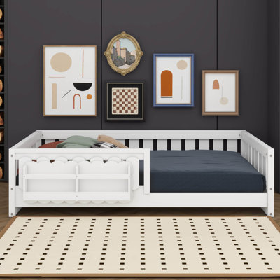 Twin Size Platform Bed With Guardrail And Storage Shelves, Floor Bed With Semi-Enclosed Fence For Boys Girls