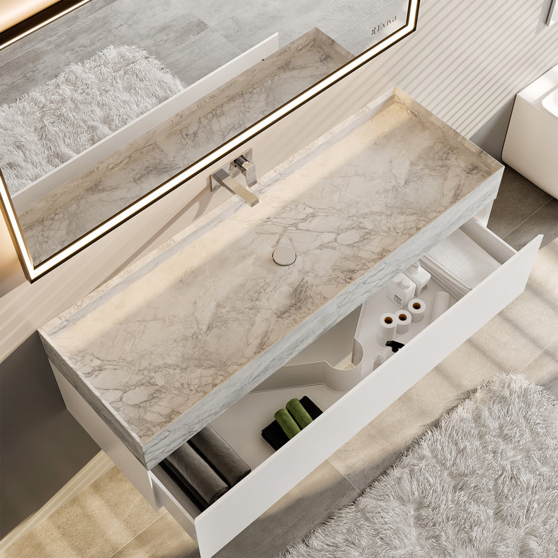 Meuble-lavabo blanc 36 po avec lavabo en marbre Zeyna