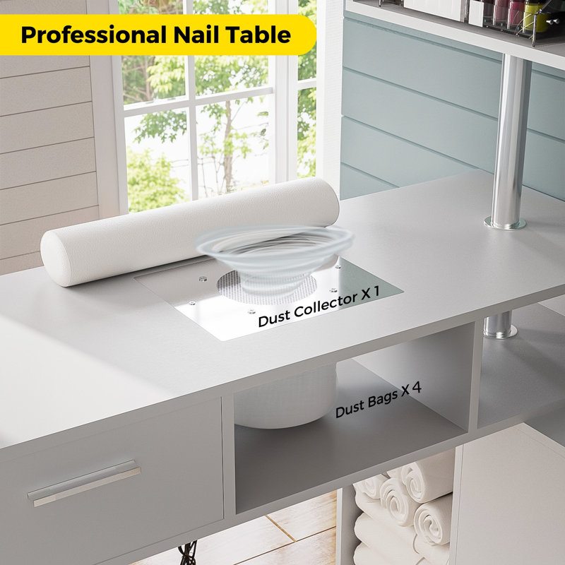 Grunewald Manicure Table L-Shaped Nail Desk with 1 Stool, Dust Collector, Two-Way Drawer, Cabinet & Storage Shelves, Rotating Reversible Manicure Workstation on Wheels