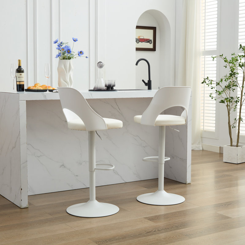 High Padded Swivel Adjustable Barstools(Set of 2), White/Silver