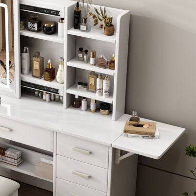 Fashion Vanity Desk with Mirror and Lights for Makeup with open shelves and Chair, Vanity Mirror with Lights and Table Set with 3 Color Lighting Brigh