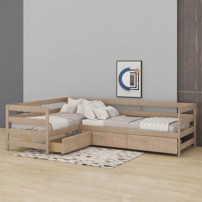 Lit plateforme simple en forme de L avec trois tiroirs de rangement, Naturel