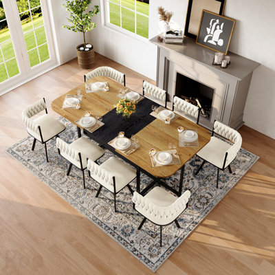 Ensemble de table de salle à manger 9 pièces 9 pièces, plateau de table en triamine grain de bois fixe et grain de bois noir avec 8 chaises en velours beige, ensemble de table de cuisine moderne pour 8 personnes, idéal pour les réunions de famille