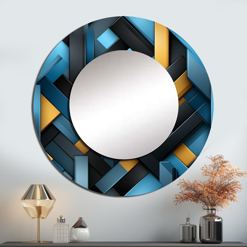 Blocs de blocs noirs et bleus - miroir mural décoratif géométrique, grand miroir rond noir, impression d'art en métal