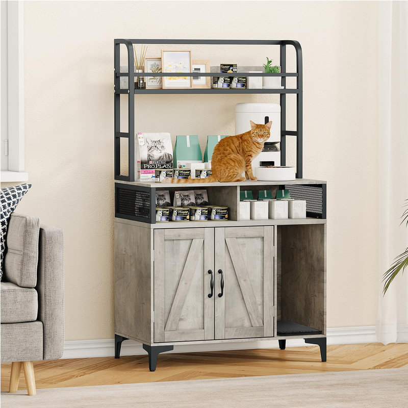 Enceinte de litière pour chat avec tablettes, armoire à litière cachée avec compartiment ouvert et tablette supérieure, armoire de rangement en bois pour animal de compagnie pour jouets et fournitures pour animaux, gris (avec bloc-notes)