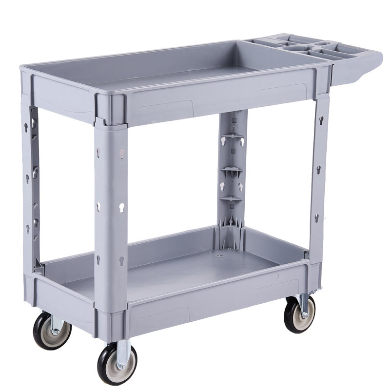 Chariot utilitaire, capacité de charge de 250 kg, chariot roulant à 2 niveaux avec roues pivotantes à 360° et roues fixes (2 freins), conception en plastique durable avec plateau de rangement, idéal pour le garage, l'entrepôt et l'atelier.