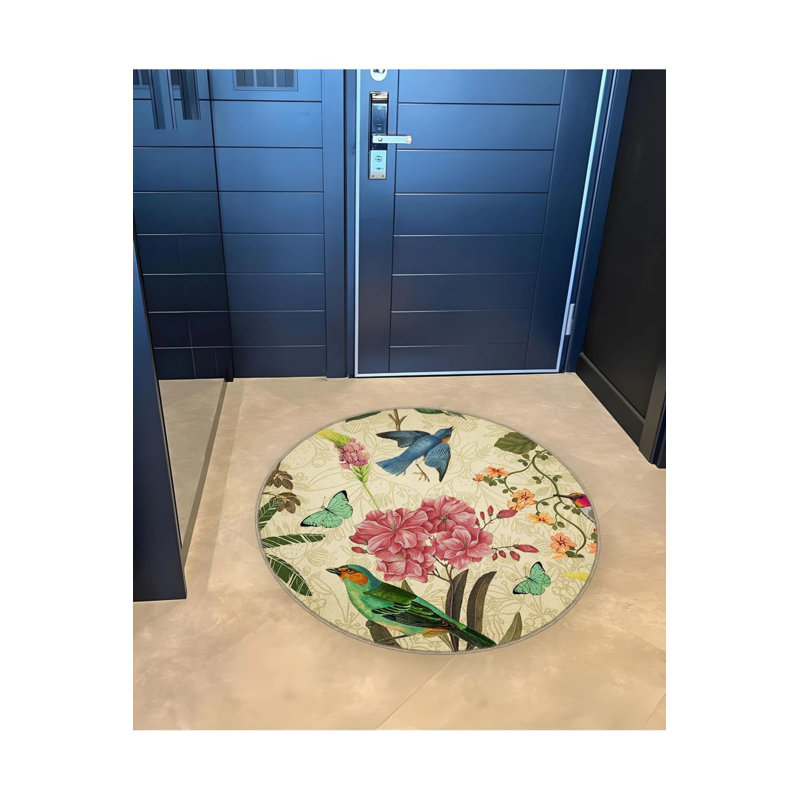 Multicolored Butterfly Bird Flower Detailed Woven Base Modern Decorative Carpet, Round 2'8"