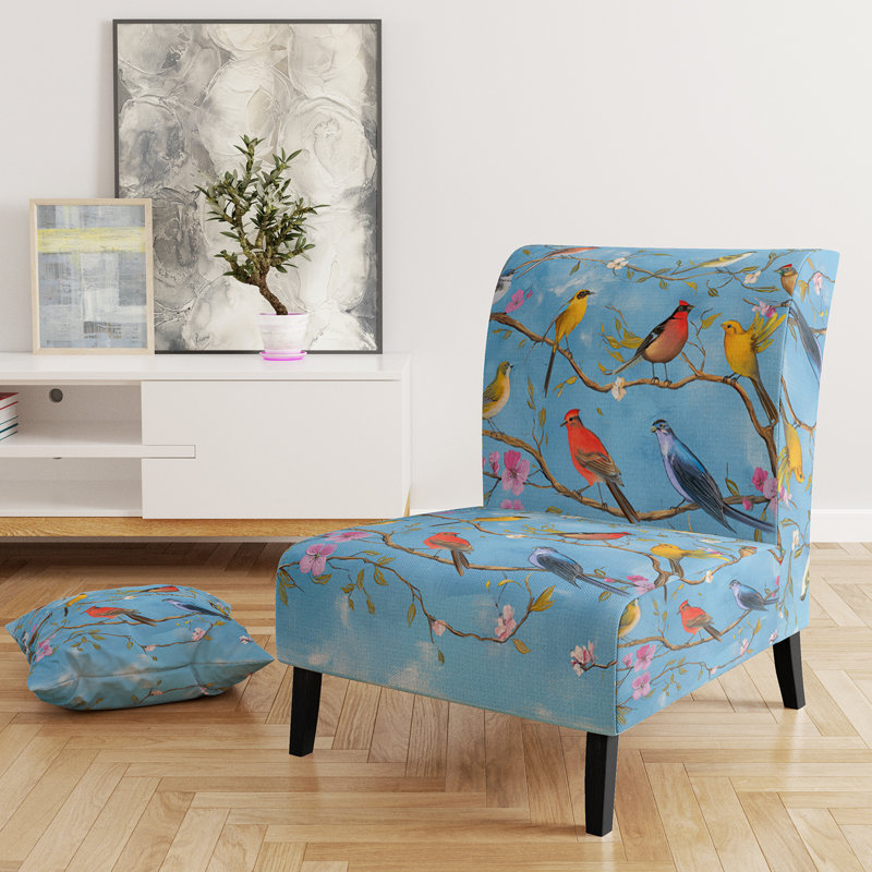 Multi-Color Bird On Tree - Upholstered Farmhouse Accent Slipper Chair, Blue Velvet