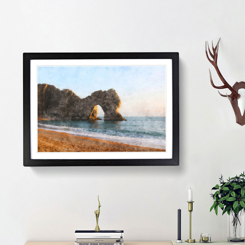 Durdle Door Cliffs at Sunset - Picture Frame Painting Print, 45cm H x 63cm W x 2cm D, Black Framed