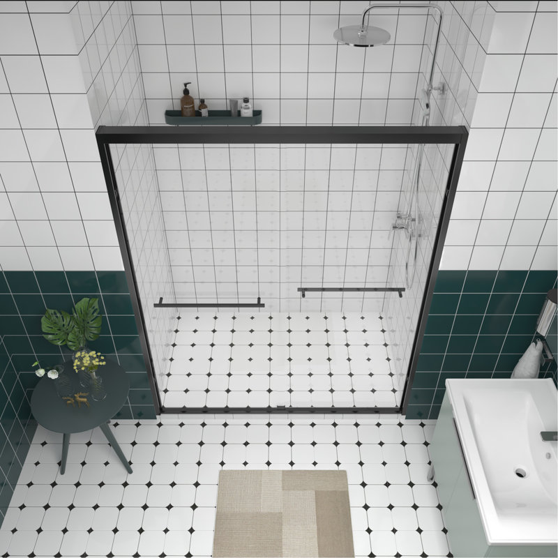 56-60"X74" Aluminum Frame Double Sliding Shower Door,Bypass Bathroom Sliding Door With Premium 1/4" (6Mm) Clear Tempered Glass, Black Hardware Sliding Glass Shower Enclosure,Matte Black Finished