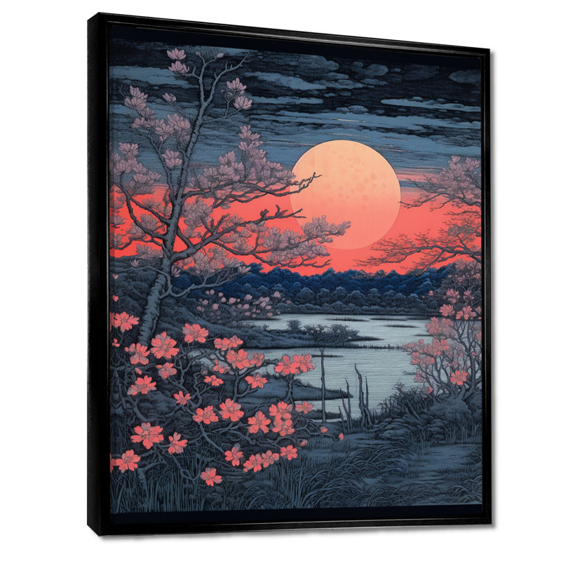 «Pink Sunset Blush Flowers By Evening River», art mural plage et océan, Toile avec cadre flottant noir