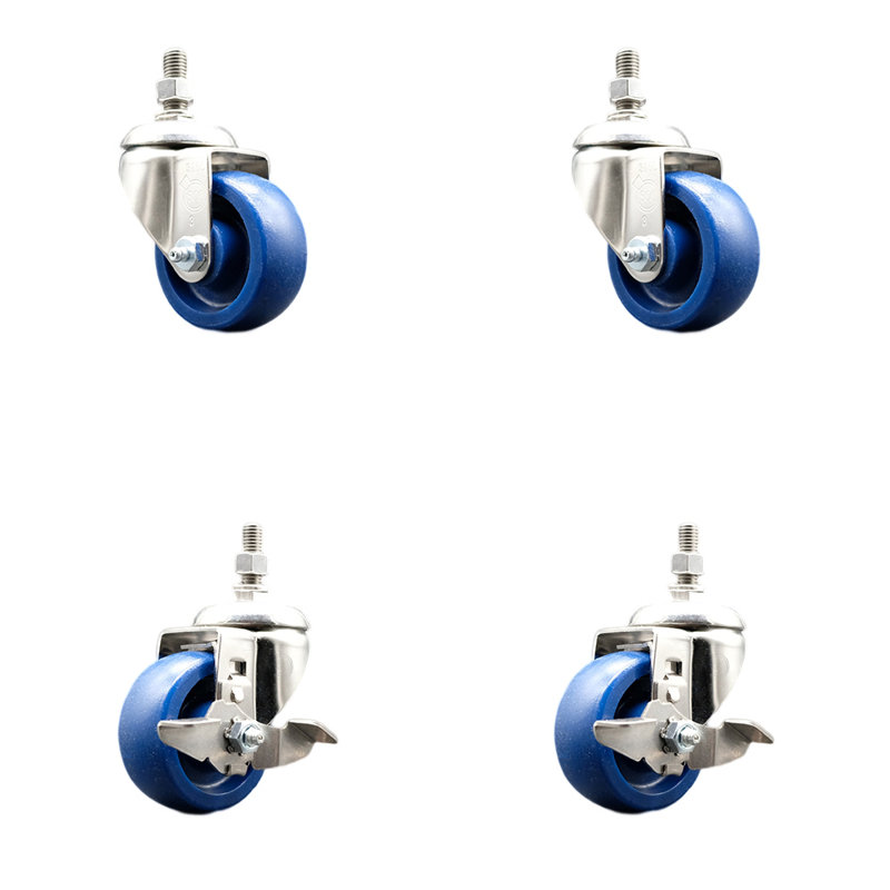 3.5 Inch 316SS Solid Polyurethane Swivel 10mm Stem Caster Set 2 Brake SCC