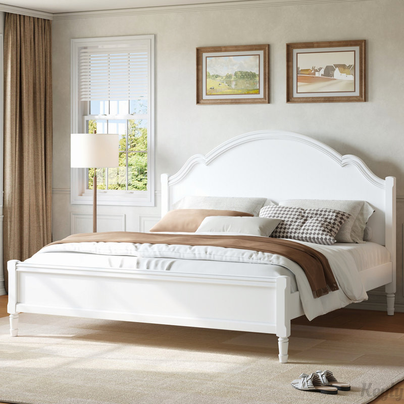 Lit plateforme en bois avec tête et pied de lit, Très grand lit, Blanc