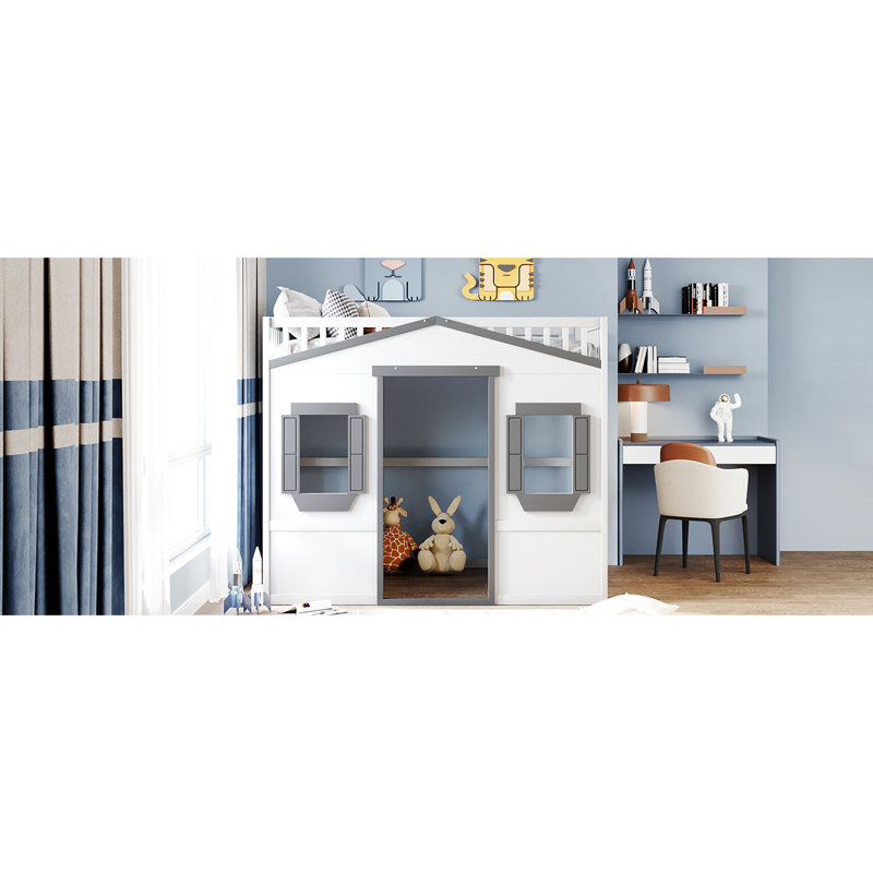 Lit mezzanine double avec bois de pin massif blanc et gris pour une structure durable et tendance