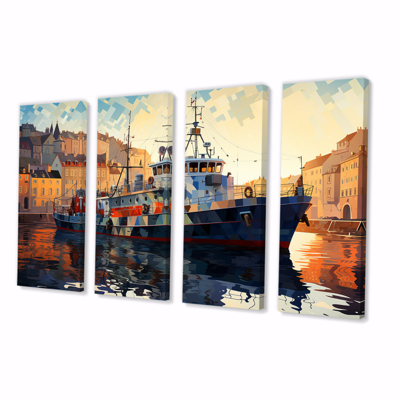 Cubiste bateau de pêche au port - bateau côtier, art mural 4 pièces, H 32 po x l 64 po