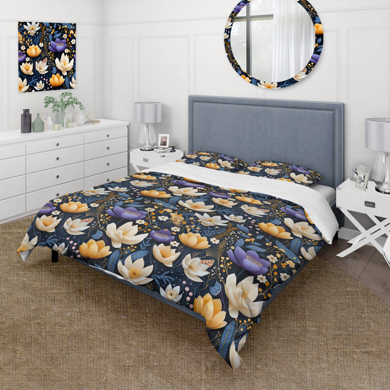 Blue And Beige Bohemian Elegant Floral Pattern I - Ensemble de housse de couette à motif floral