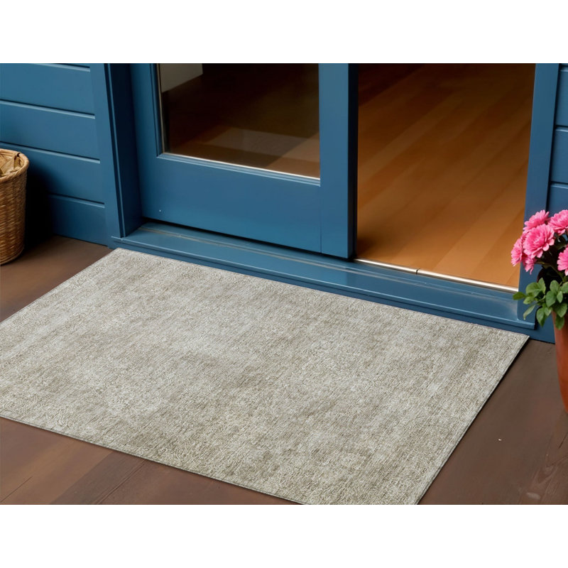 3' X 5' Linen And Gray Floral Washable Indoor Outdoor Area Rug