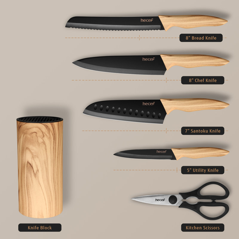 Ensemble de couteaux de cuisine 6 pièces Hecef avec bloc universel aspect bois d'olivier - Lames en acier inoxydable, poignées ergonomiques antidérapantes, cisailles