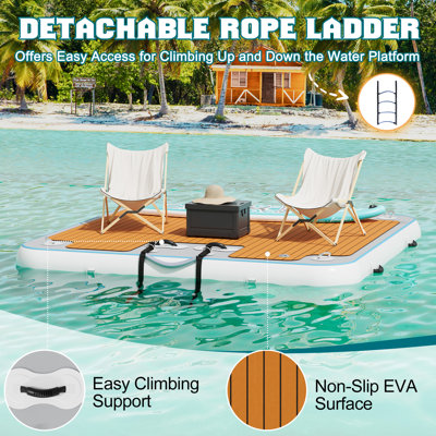 Quai flottant AMERLIFE, plate-forme de quai flottant antidérapant avec plateforme en acier inoxydable avec échelle en acier inoxydable et zone d'eau pour piscine Lake Beach Ocean (12,2 x 6,2 pi)