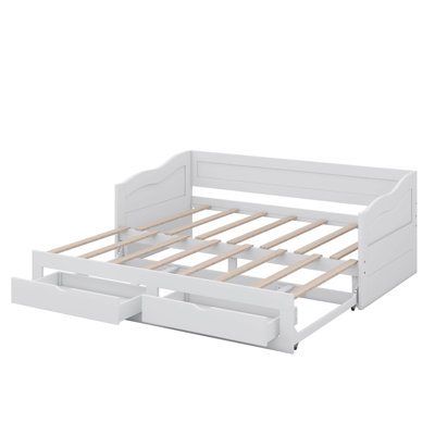 Wooden Twin Daybed With Pull-Out Trundle And Dual Storage Drawers, Expandable Daybed Frame