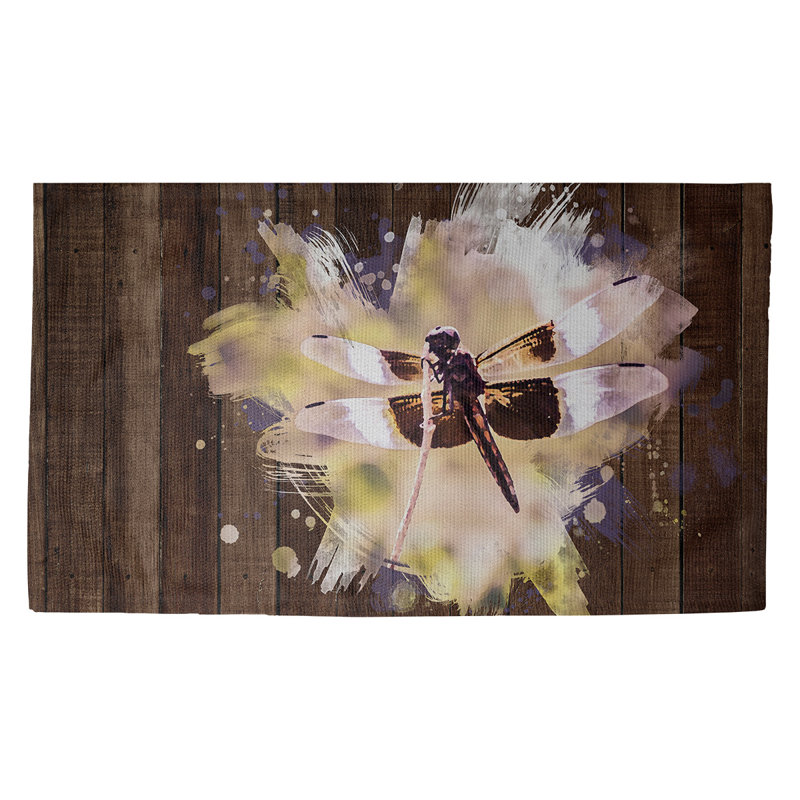 Tapis d’intérieur pour porte rustique aquarelle libellule Fawcett, Rectangle 3 pi 3 po x 5 pi 3 po