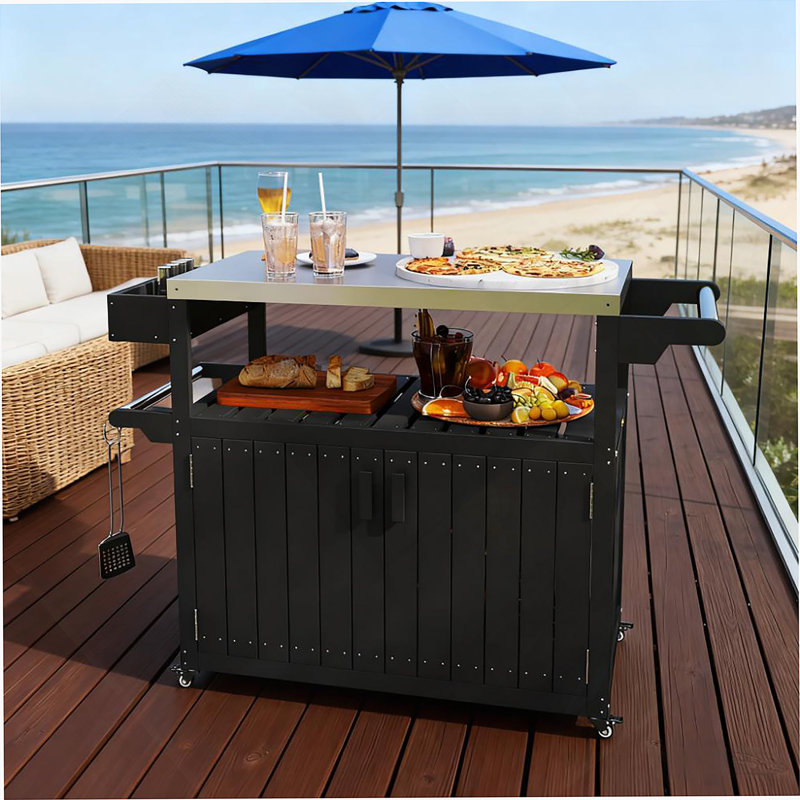 Plateau de table de bar extérieur, chariot de bar extérieur avec rangement, îlot de cuisine à roulettes pour la préparation des aliments