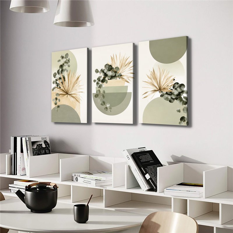 «Sage Green Eucalyptus Palm Leaf Geometric Boho», art mural minimaliste sur toile 3 pièces, H 12 po x l 24 po x P 1 po