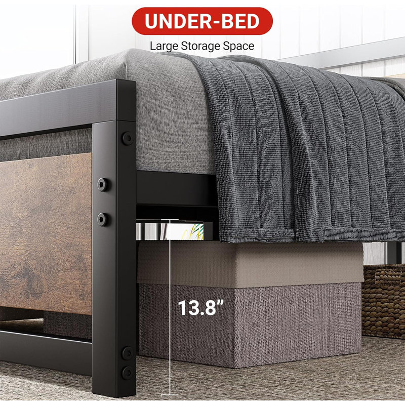 Base de lit pour grand lit avec tête de lit - Robuste et durable, lattes en acier robustes, conception conviviale, style industriel rétro, aucun sommier tapissier requis