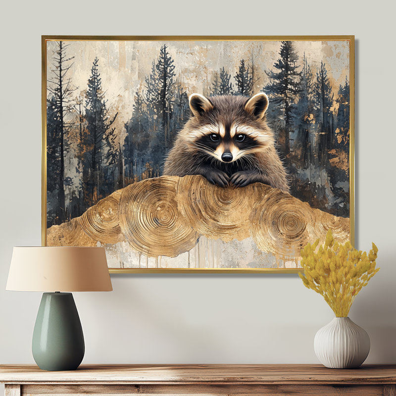 Mignon raton laveur dans la forêt hivernale II - Raton laveur, art mural, H 12 po x l 20 po, Cadre flottant doré