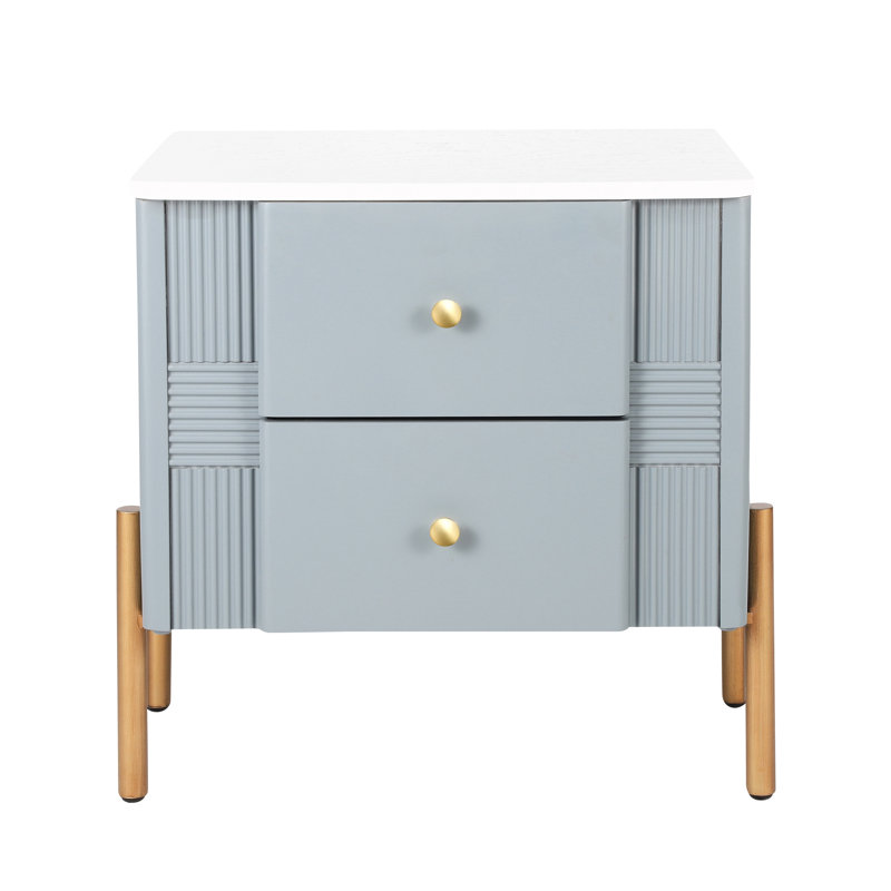 Table d'appoint moderne et minimaliste bleue avec motif cannelé, poignées à boutons en métal, pieds coulissants, 2 tiroirs à utilisation multiple, glissières, doré