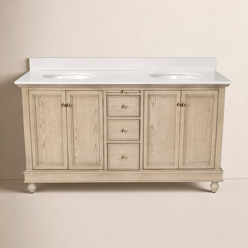 Ensemble de meuble-lavabo double 60 po Dorismar, Chêne gris-beige, Blanc d'ingénierie