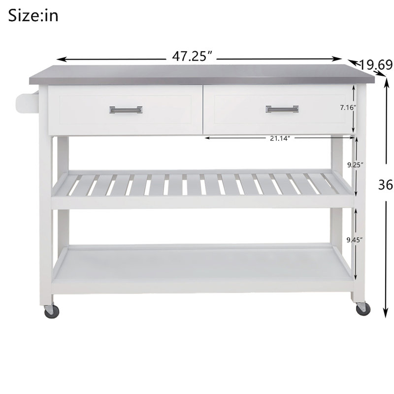 White Kitchen Cart Featuring Stainless Steel Top And Two Drawers - Space Efficient Accessory With Tabletop Simple Saving Design