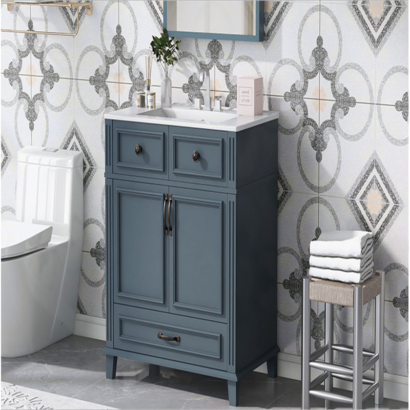 Meuble-lavabo de 30 po avec lavabo en céramique, armoire de rangement en bois massif avec portes à fermeture douce, style rétro