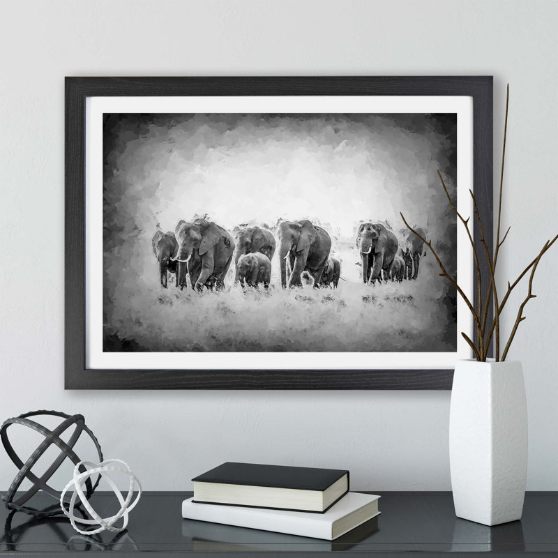 Herd of Elephants Roaming - Framed Print, 45cm H x 63cm W x 2cm D, Black