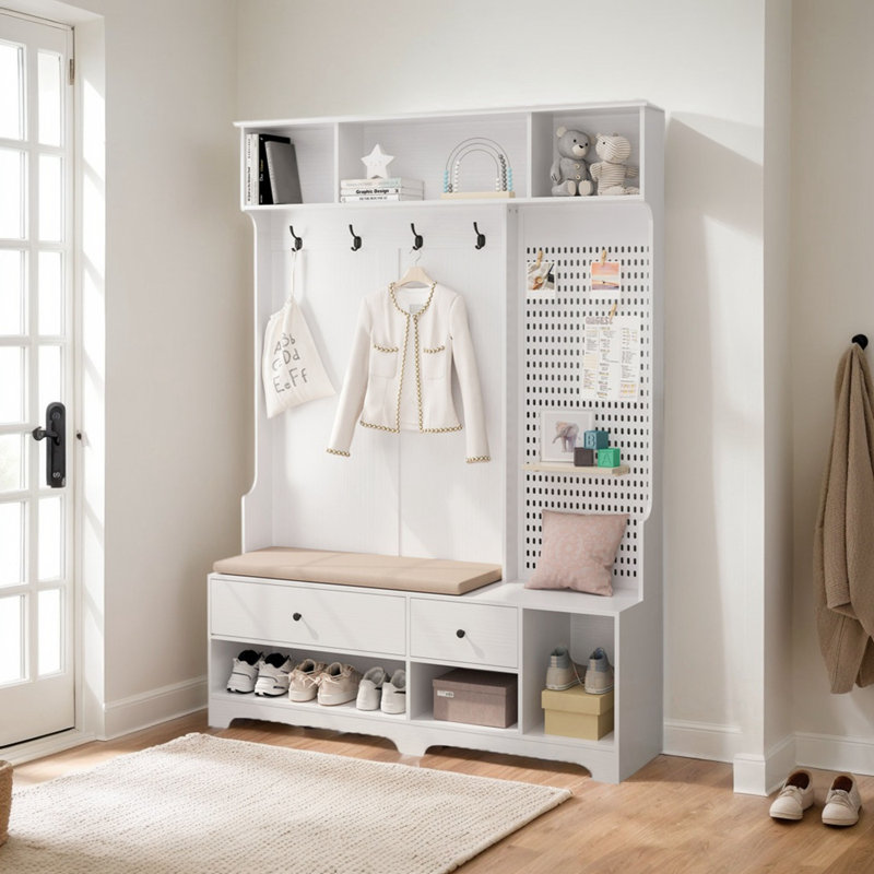 Multi-Purpose Hallway Hall Tree With Removable Linen Cushioned Entryway Bench, Coat Rack, Storage Shelves, And DIY Pegboard,For Hallways, Living Room