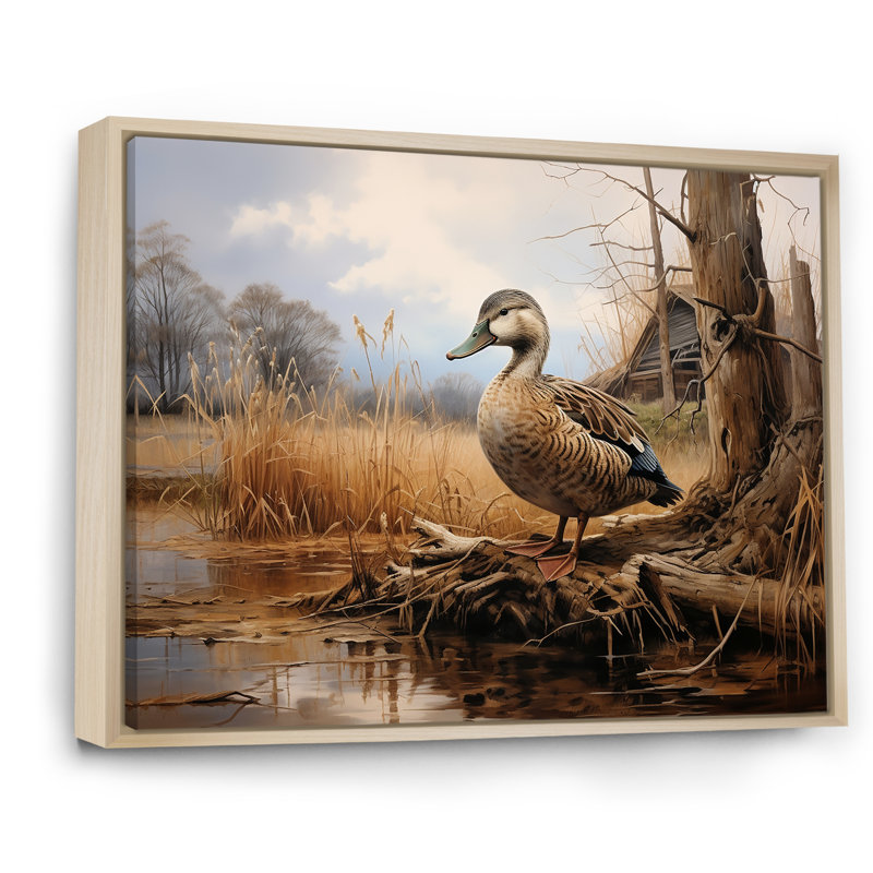 «Waddling Duck At The Barn I» - art mural animal canard, Cadre flottant brun, H 30 po x l 40 po x P 1,5 po