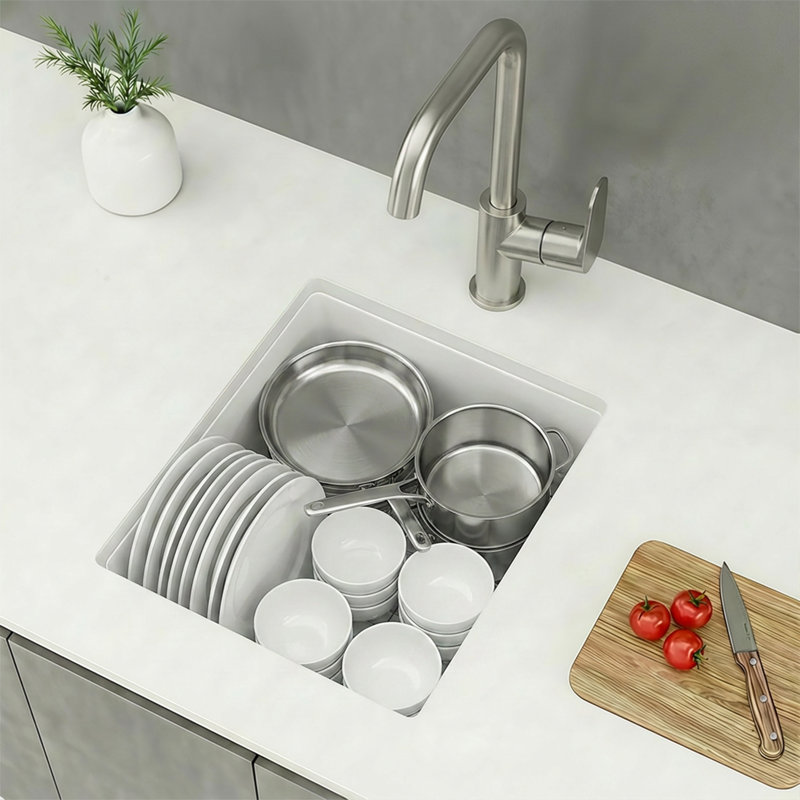  Évier de cuisine en composite de granite blanc encastré à simple cuve 18 po L x 16 po l, Blanc