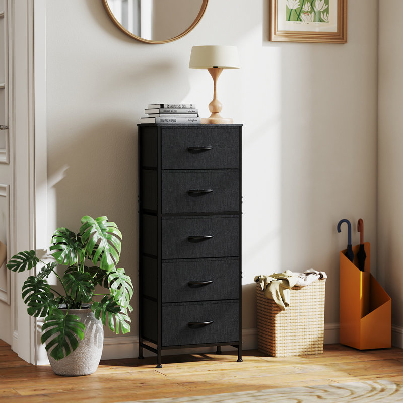 5-Drawer Fabric Dresser, Vertical Storage Chest with Wood Top, Tall Storage Organizer, Black
