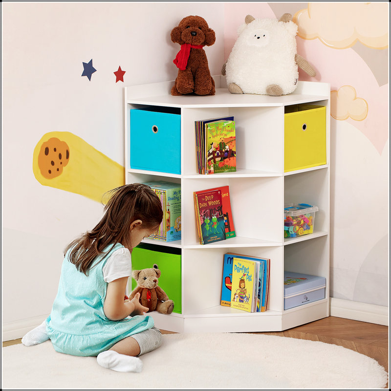 Kids Corner Cabinet with Toy Storage Organizer, White/Blue/Yellow
