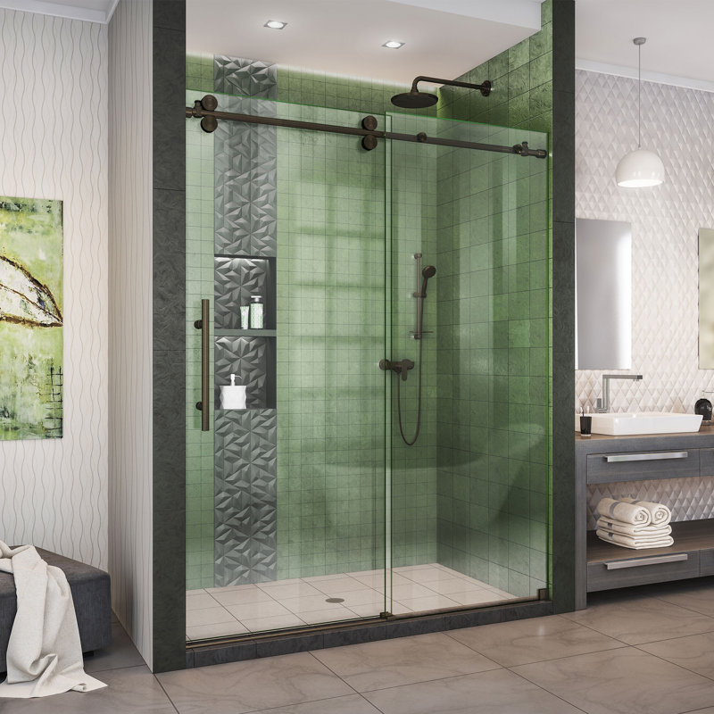 Enigma-XO 50" W x 76" H Sliding Frameless Shower Door with Clear Max™ Technology, Oil Rubbed Bronze