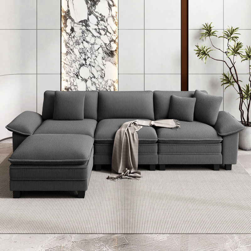Sofa & Chaise, Light Grey Corduroy, 4